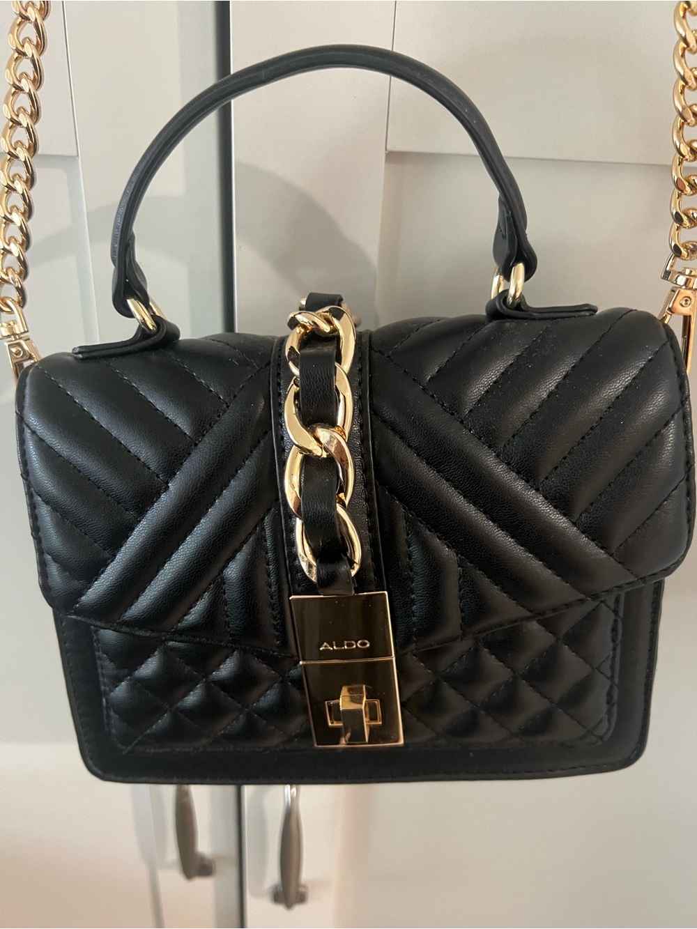 Aldo Black Quilted Crossbody with Gold Chain Detail